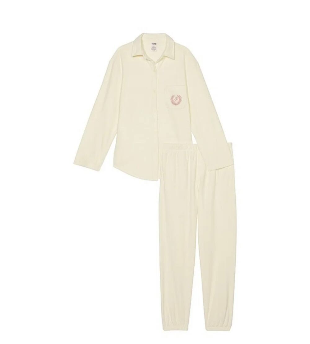 Pink Victoria's Secret Cream Long Sleeve Polar Fleece Jogger Pajama Set S NWT